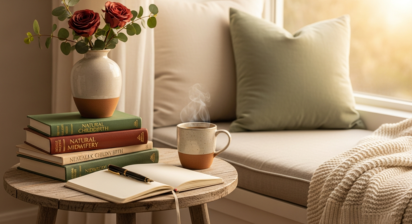 Childbirth education classroom with open books and soft light