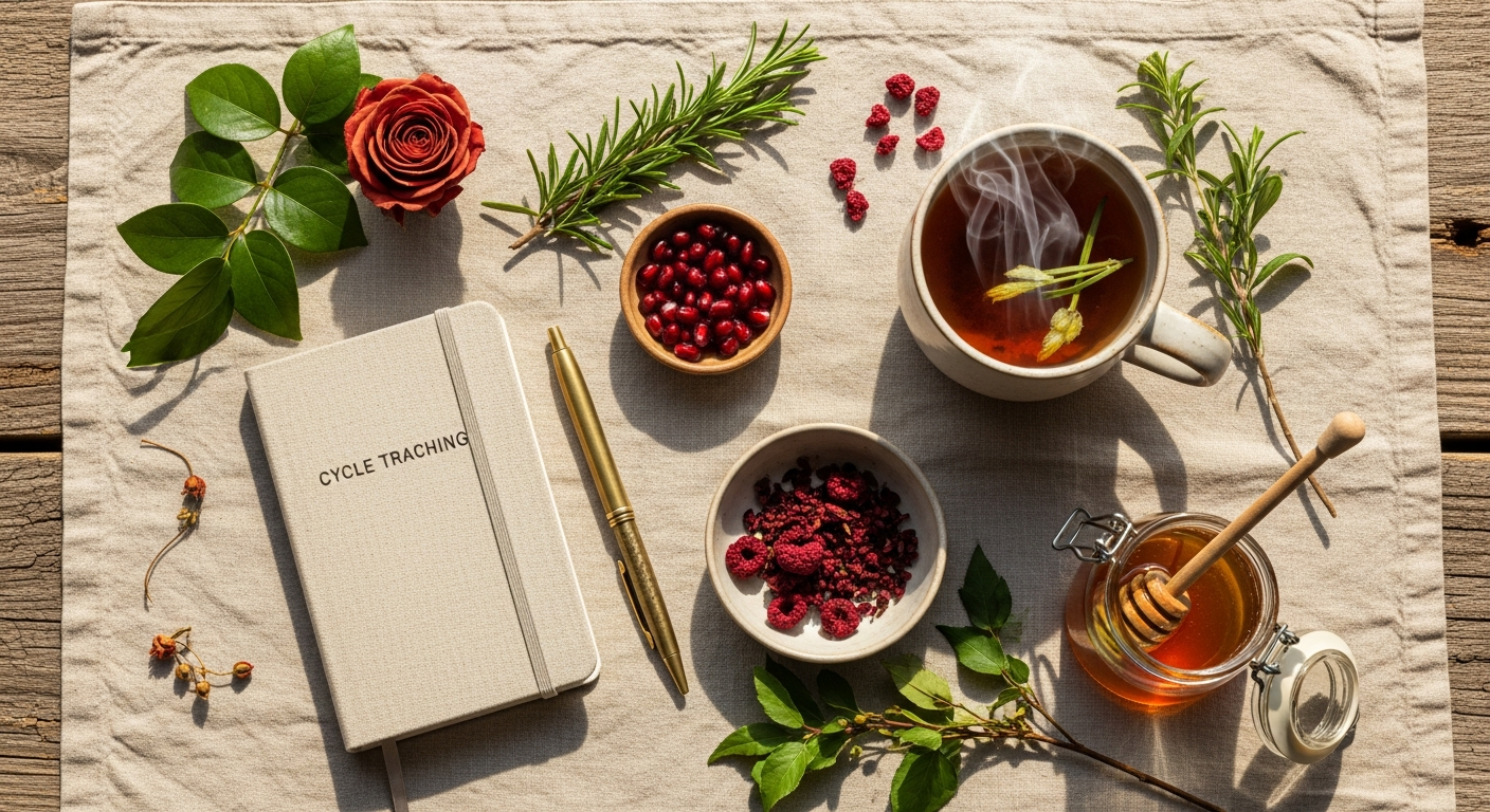 Soft still life representing fertility, nourishment and cycle awareness