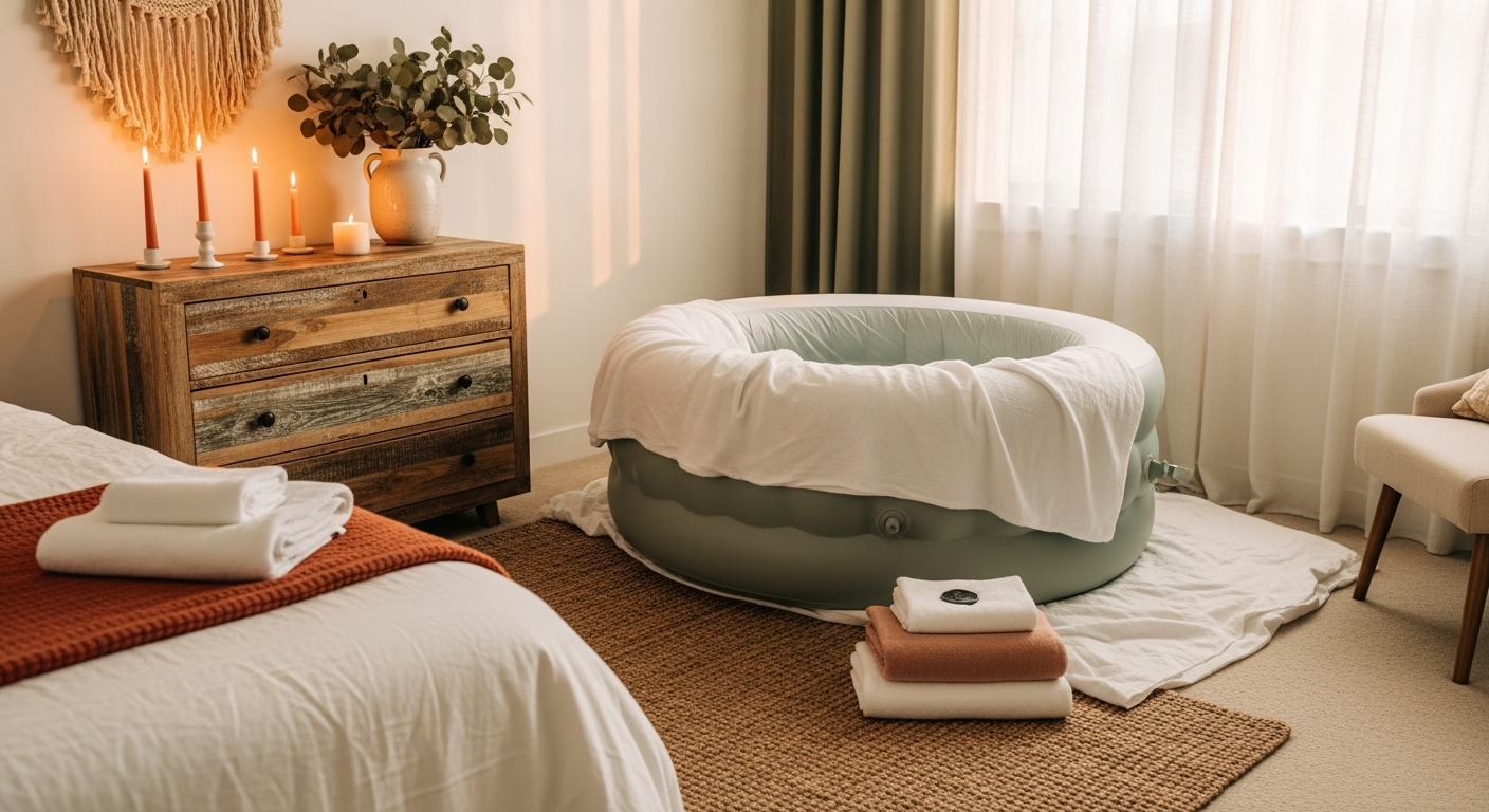 Mother and midwife in soft home birth setting, warm natural light